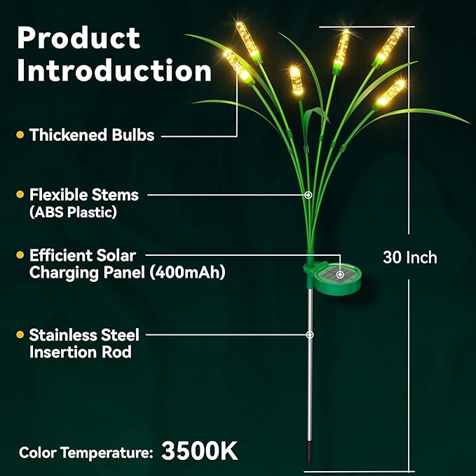 6 Packs Reeds Solar Garden Light, 30 Inch Garden Solar Light with 36 Bulbs, Intelligent Light Control System, IP65 Waterproof, Outdoor Solar Light for Decorating Yard, Pathway(Warm Color)