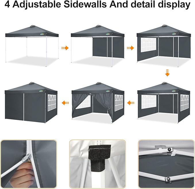COBlZI 10x10 Pop Up Canopy Tent with 4 Removable Sidewalls,Waterproof Commercial Easy Adjustable Gazebo Tent with Air Vent, 4 Sandbags,4 Stakes & 8 Ropes(Tents for Party/Exhibition,Grey