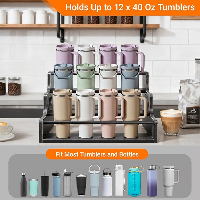 YQBRAO 3-Tier Liquor Bottle Display Shelf,Coffee Syrup Rack Organizer,Water Bottle Organizer, Mini Bar Cabinet, Rustic Bar Shelves for for Liquor Whiskey, Spirits(Black)