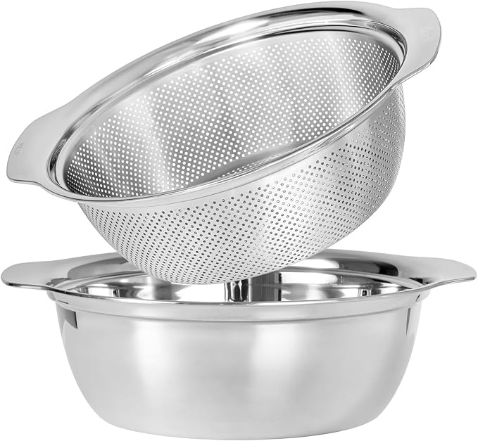 Paoli 304 Stainless Steel Fine Mesh Colander Set, 2.5QT Large Capacity Strainer with Mixing Bowl — Rinse Fruits, Veggies, Rice & Drain Pasta, Dishwasher Safe (2-Piece)