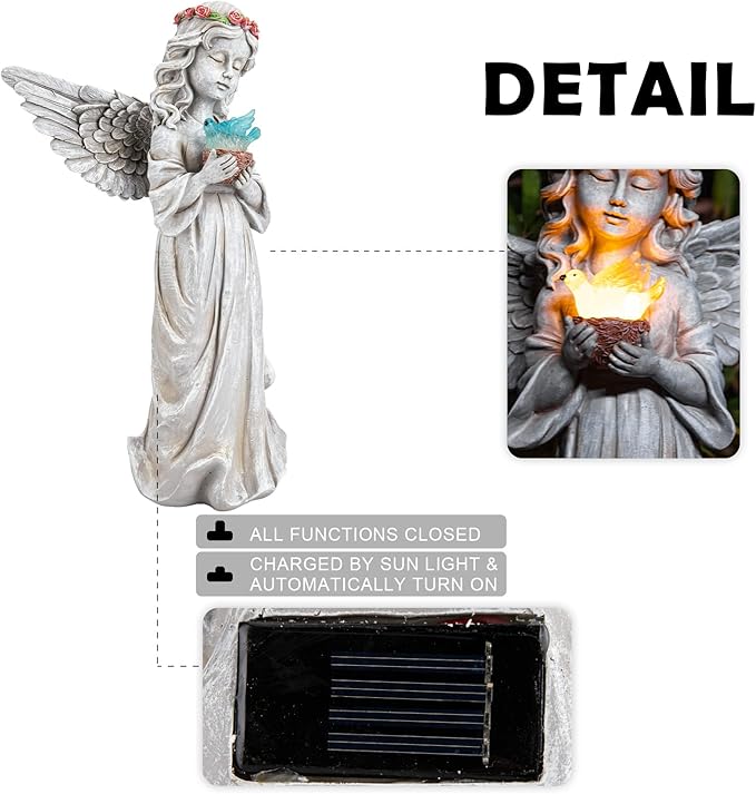 Angel Garden Statue Outdoor Decor, Angel Garden Figurine Hold Dove with Solar Lights Waterproof Resin Yard Art Decoration Lawn Ornament Sculpture for Outside Patio Yard Gift