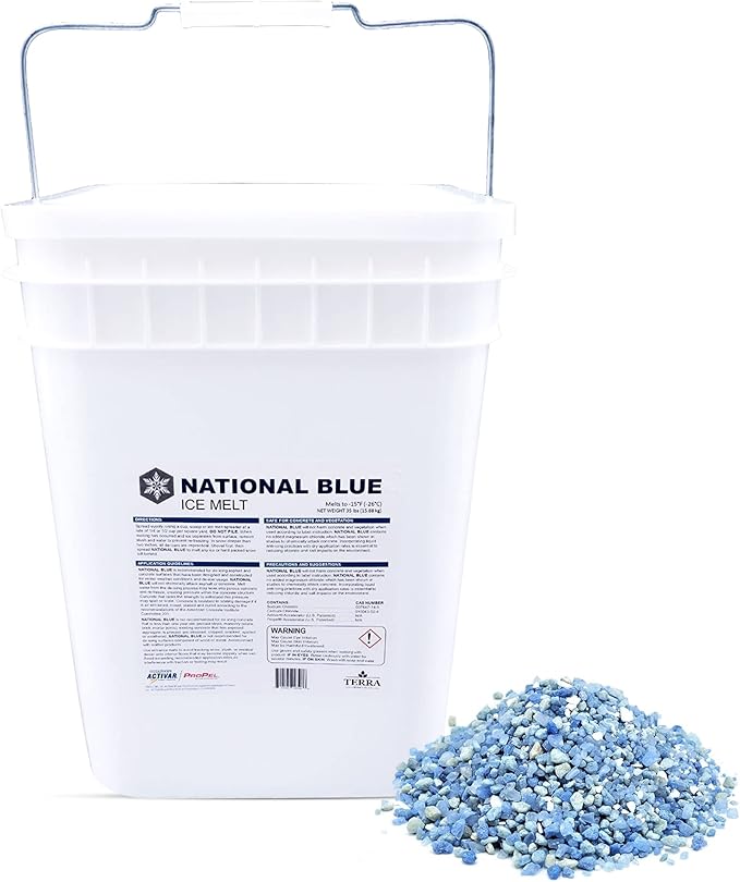National Blue Snow Salt Ice Melt 35lb Bucket - Fast Acting Ice Melter - Pet, Plant and Concrete Friendly, Environmentally Safe - Free of Magnesium Chloride - Melts to -15°F