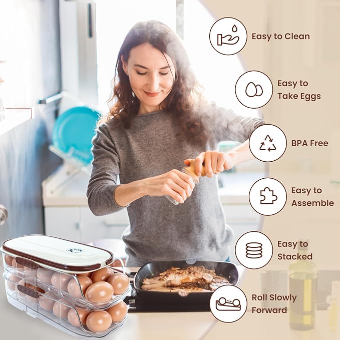 Egg Holder for Fridge, Automatic Rolling Egg Organizer for Refrigerator, Clear Plastic Egg Container & Tray, Stackable Dispenser and Storage Bin For Organizers and Storage -2 Layer