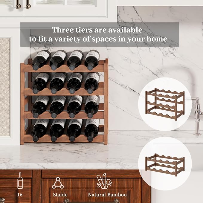 Wine Rack,Bamboo Wine Storage Cabinet Shelf,Countertop Wine Shelf- Freestanding Wine Holder for Kitchen & Pantry (Brown, 4-Tier)