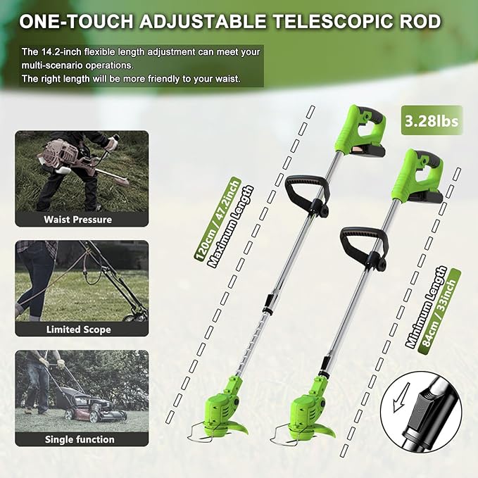 Electric Weed Wacker Eater Battery Powered, Cordless 21V Weed Trimmer with 2 Battery Operated & Charger & Wheels & Shears, 3 in 1 Lightweight Grass Trimmer/Edger/Brush Cutter for Garden Yard Lawn