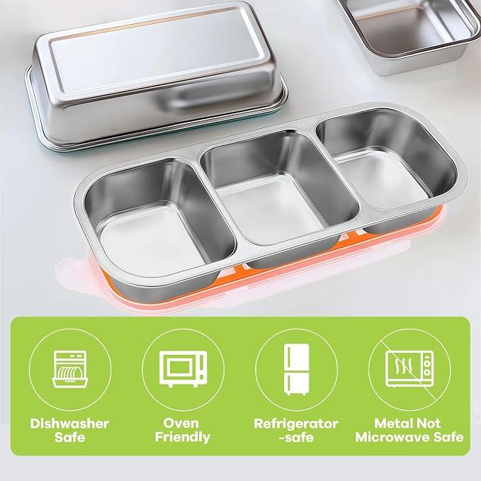 3 Pack Bento Box, Stainless Steel Snack Containers With Lids, Leak Proof Metal Lunch Box with 3 Compartments, Stackable Food Storage Container for Work, Travel, Dishwasher Safe