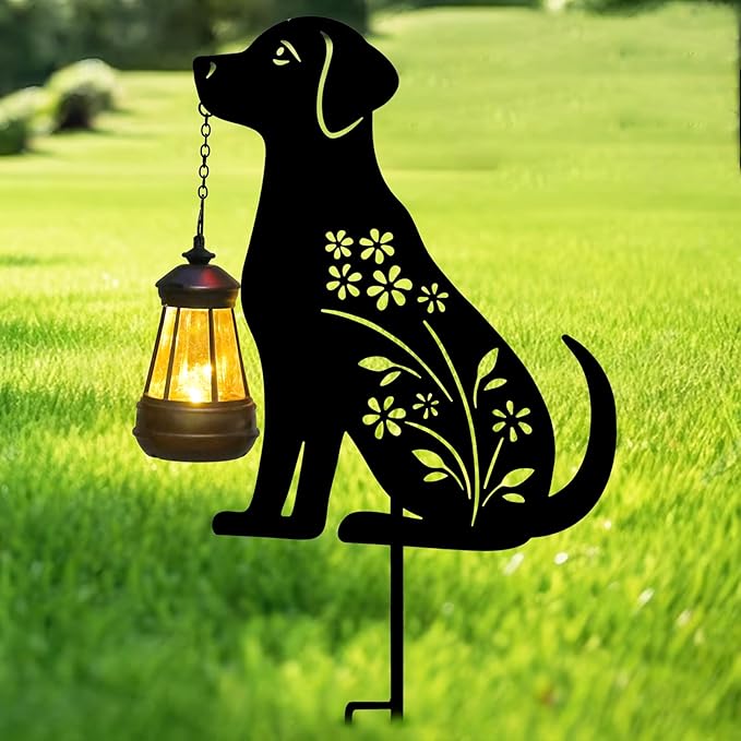 Afirst Solar Outdoor Garden Stake Solar Dog Decorative Stake Light with Lantern Decorative Lights Metal Outdoor Ornament for Yard Pathway Lawn Patio Decoration