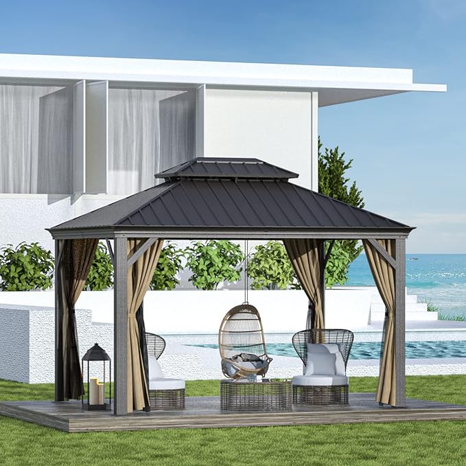 Gazebo 10' x 12' with Mosquito Net and Privacy Sidewalls, Patio Aluminum Permanent Gazebo, All Weatherproof Outdoor Hardtop Metal Gazebos,for Patio, Garden, Parties, Backyard,Lawn.