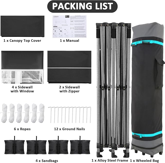 COBIZI 10x20 Pop Up Canopy with 6 Sidewall,Heavy Duty Canopy UPF 50+ All Season Wind Waterproof Commercial Outdoor Wedding Party Tents for Parties Gazebo with Roller Bag(10 x 20 ft Black)