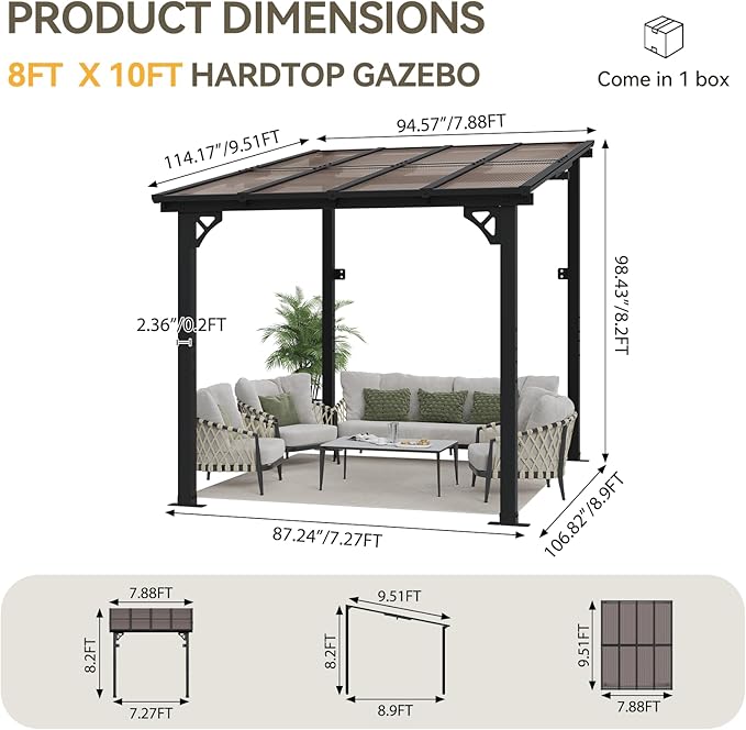 Aoxun 8’x10’ Gazebo, Wall Mounted Gazebos Pergola on Clearance, Outdoor Patio, Large Wall-Mounted Heavy Duty Awnings for Patio, Decks, Backyard(Black)