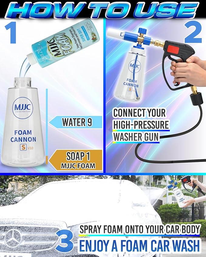 MJJC Foam Cannon S V3.0 (Thicker Snow Foam Technology) with 1/4 Inch Quick Connector for Pressure Washer & MJJC Foam Soap(20 fl oz) Kit
