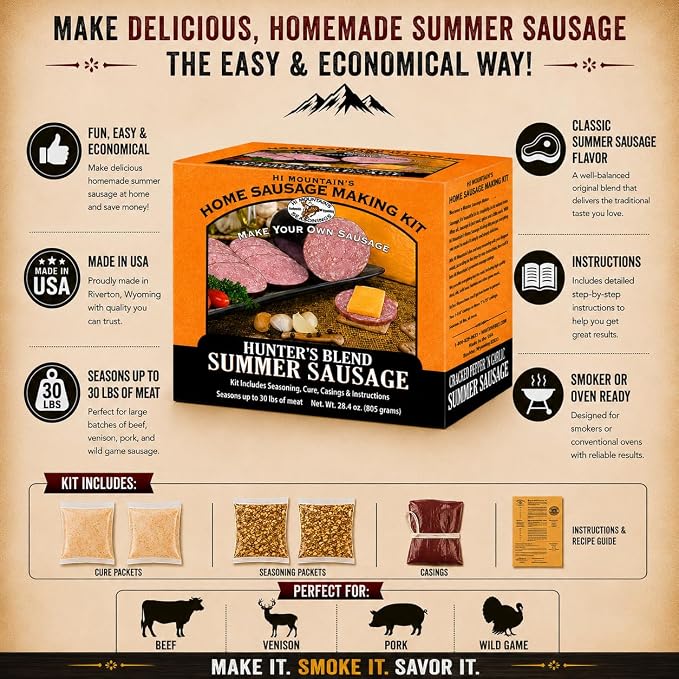 Hi Mountain HUNTER'S BLEND Summer Sausage Kit | Complete sausage seasoning kit. Includes: Seasoning, cure & 10 casings. Beef, pork, venison, deer, elk. Makes up to 30 lbs