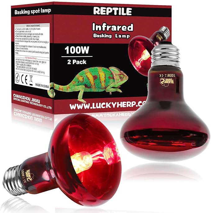 LUCKY HERP Infrared Heat Lamp 100W 2 Pack,Reptile & Amphibian Basking Spot Light Bulbs, Red Heat Lamp Bulbs for Reptiles, Bearded Dragon, Turtle, Lizard, Snake, Chicken
