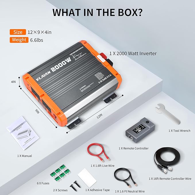 2000W Pure Sine Wave Inverter,12V DC to 110V AC Power Inverter for Vehicles RV,Truck,Car,Solar Off-Grid Converter with 2 AC Outlet,27W Type-C,5V 3A USB-A,Hardwire Port,16ft Remote Controller