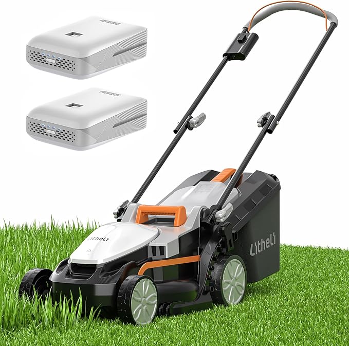 Litheli 13.4inch Electric Lawn Mower Cordless,Grass Cutter Machine for 2600 Sq.Ft.Lawnmower with Brushless Motor, 8 Gallon Capacity, Cutting Height from 1 to 2.5 in, Includes 2X4.0 Ah Battery.