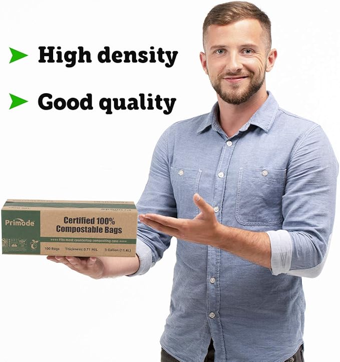 Primode Compostable Bags, 3 Gallon Food Scraps Yard Waste Bags, 100 Count, Extra Thick 0.71 Mil. ASTMD6400 Compost Bags Small Kitchen Trash Bags, Certified By BPI And TÜV AUSTRIA