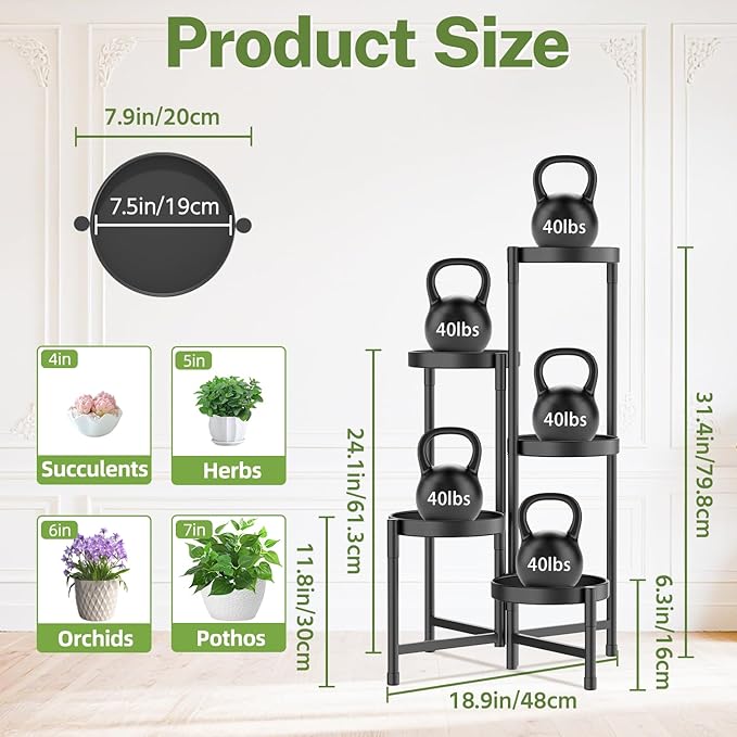 iDavosic.ly Plant Stand Indoor Outdoor, 5 Tier Corner Metal Flower Display Holder Shelf, Folding Tall Orchid Rack for Patio Balcony Porch Garden Living Room House, Black