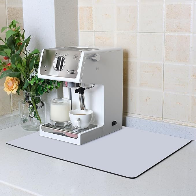 ZLR Coffee Bar Mat for Keurig & Nespresso, 12"x16" Small, Light Gray | Absorbent Dish Drying Mat, Stain-Hiding PU Leather Top, Non-Slip Rubber Back, Heat-Resistant, Fits Frother & Pour-Over