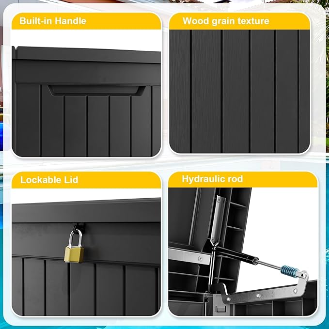 280 Gallon Resin Deck Box, Lockable Outdoor Storage Box for Patio Cushions Storage Furniture,Garden Tools, Pool Supplies, Weatherproof and UV Resistant(Black)