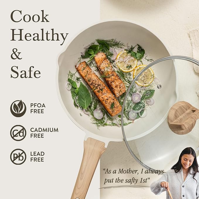 CAROTE 12 Inch Nonstick Deep Frying Pan with Lid, 5.5 Qt White Granite | Kitchen Non-Toxic PFOA Free Cookware, Covered Sauté Pan All Stovetops Compatible, Easy to Clean