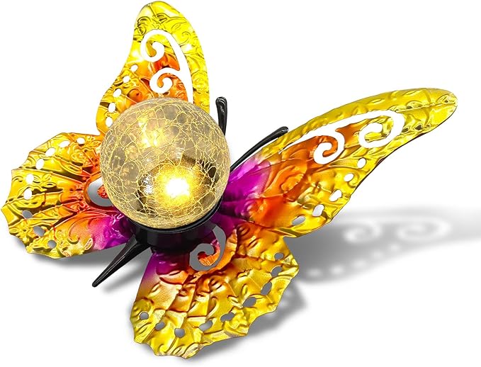 Solar Lights Outdoor Garden Butterfly Decor, Metal Butterfly Statue Decoration with LED Crackle Glass Globe, Solar Powered Lighted Garden Art Decor for Patio Lawn Yard Pathway Tabletop Ground
