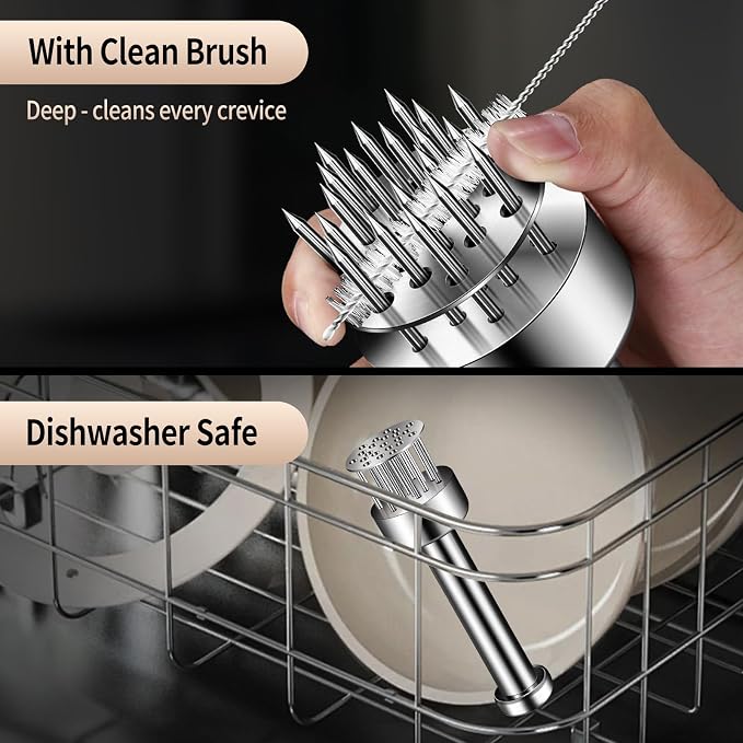 Stainless Steel Meat Tenderizer Tool, 21 Sharp Needles, Chicken Meat Tenderizer, Tenderizing Steak, Beef, Chicken, Pork, Barbecue, Marinating Prep Tool, with free cleaning brush