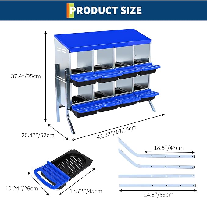 Chicken Nesting Box, 8 Compartment Roll Away Egg Laying Box for Hens, Wall Mounted & Freestanding (2 Modes of Use), Easy Egg Collection, Cleanable Pull Out Nesting Box, Blu, WL