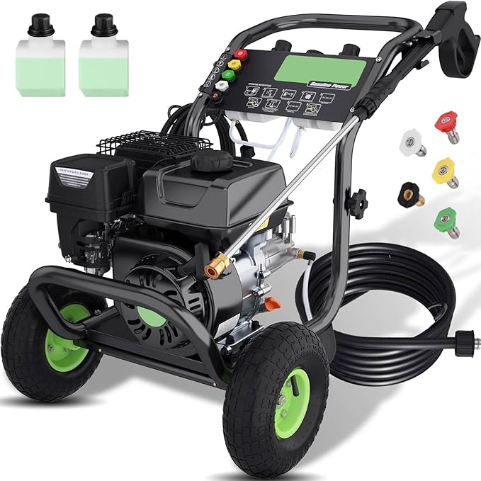 Professional 4200PSI 4GPM 196CC Gas Pressure Washer, Commercial Gas Power Washer with 5 Nozzles 25FT Hose Foam Bottle for Car Fence Driveway Yard (EPA/CARB/ETL Compliant), 2 Green Wheels