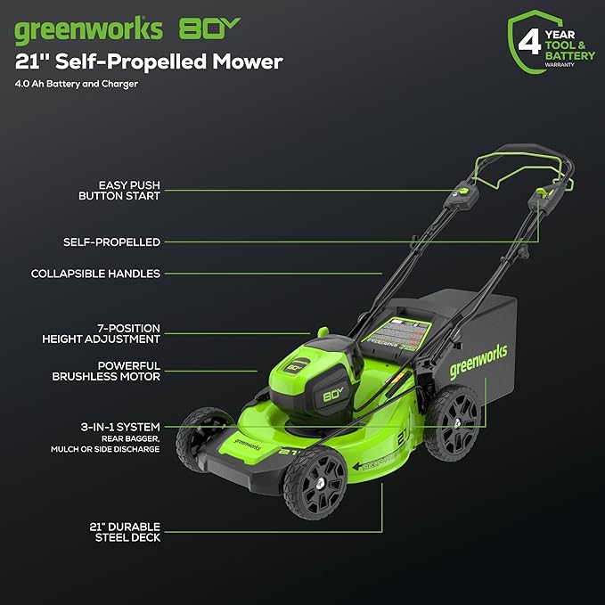 Greenworks 80V 21” Brushless (Self-Propelled) Cordless Electric Lawn Mower + (580 CFM) Axial Leaf Blower (75+ Compatible Tools), 4.0Ah Battery and 60 Minute Rapid Charger, Green and Black