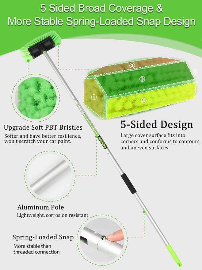 Five-Sided Car Wash Brush with Long Handle,Soft Bristle Scrub Cleaning Mop with Extendable Handle for Car, SUV, Truck, Caravan, Boat, House Siding, Sweep Snow 60”/151cm