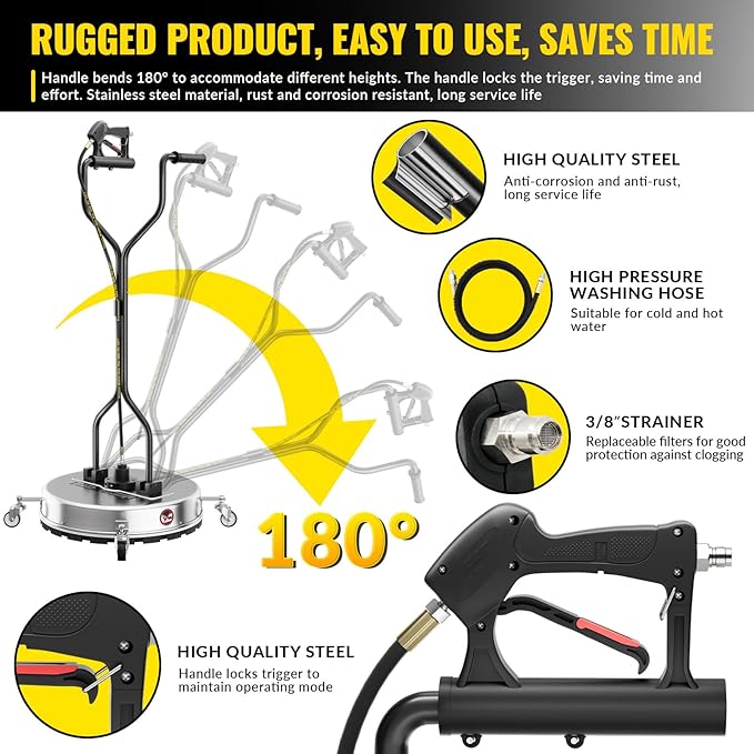 Doniks 24 Inch Pressure Washer Surface Cleaner with 4 Wheels,Dual Handle,Stainless Steel Housing,4500 PSI Power Washer Accessory for Concrete, Patio, Sidewalk, Deck, Driveways and Daily Washing