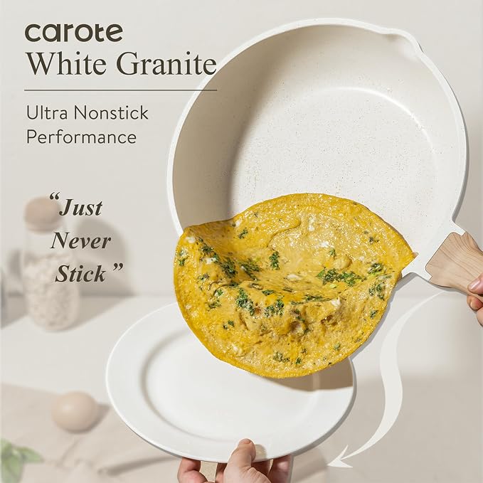 CAROTE 12 Inch Nonstick Deep Frying Pan with Lid, 5.5 Qt White Granite | Kitchen Non-Toxic PFOA Free Cookware, Covered Sauté Pan All Stovetops Compatible, Easy to Clean
