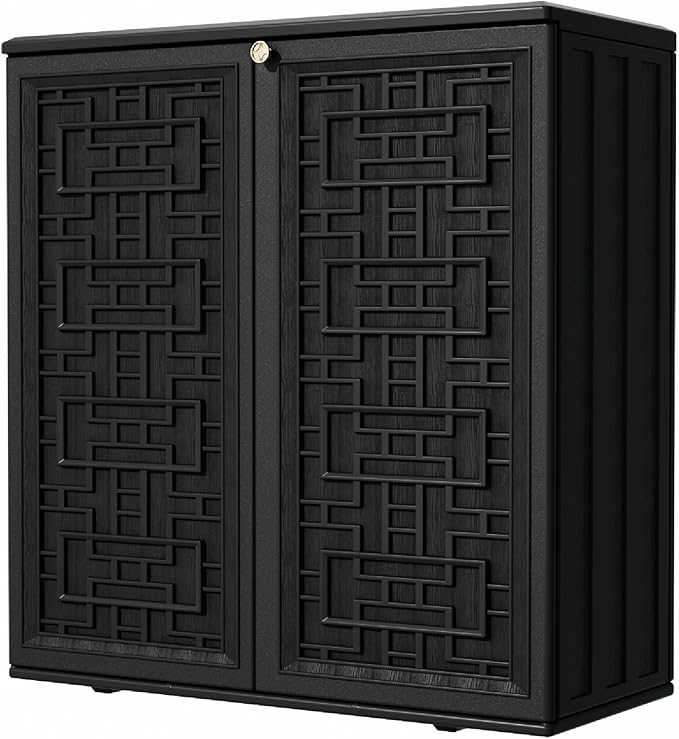 Outdoor Storage Cabinet Waterproof with Shelf,Resin Storage Sheds Outdoor Cabinets for tub towels/chemicals/grill items/Patio/Garden/Backyard, Size 34.3''L*15''W*36.2''H(Black)