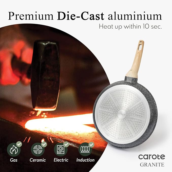 CAROTE Non Stick Frying Pan, 8 Inch Classic Granite Skillet with Glass Lid | Non Toxic Kitchen Cookware, Compatible with All Stovetop, PFOA Free