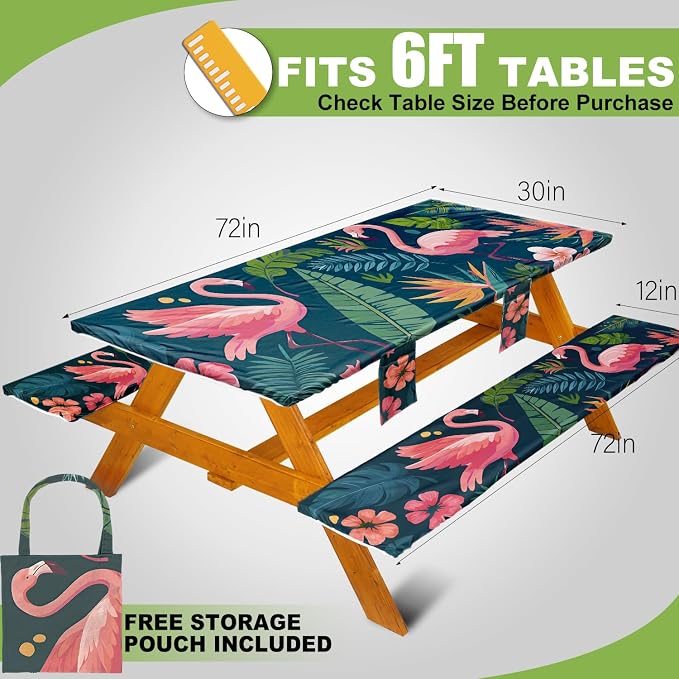 Fitted Picnic Table Cover with Bench Covers, Windproof Vinyl Table Cloths Outside Camping Cooking Backyard Furniture Seat Cushion Tablecloth Activities Party Decor Decorations Para Acampar Equipment