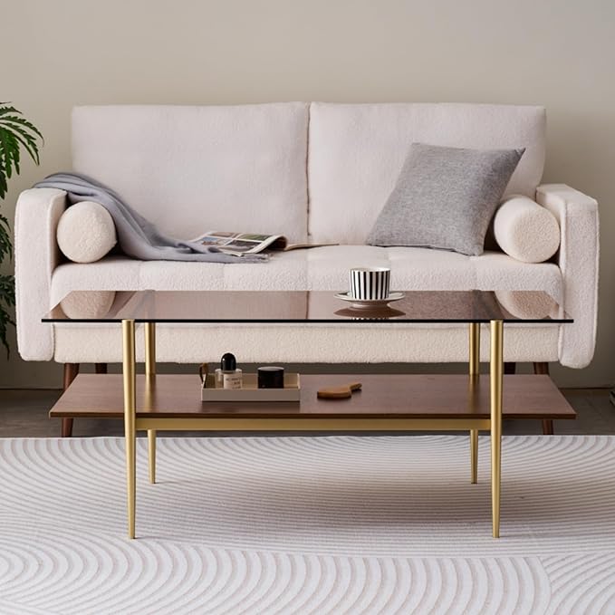 Rectangle Coffee Table, Mid-Century Modern Design, L41 W21 x H17, for Living Room, 2-Tier Structure, Amber Glass Top and Walnut MDF Shelf, Sleek Conical Metal Legs with Gold Finish