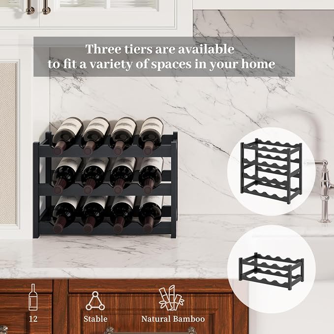 Wine Rack,Bamboo Wine Storage Cabinet Shelf,Countertop Wine Shelf- Freestanding Wine Holder for Kitchen & Pantry (Black, 3-Tier)