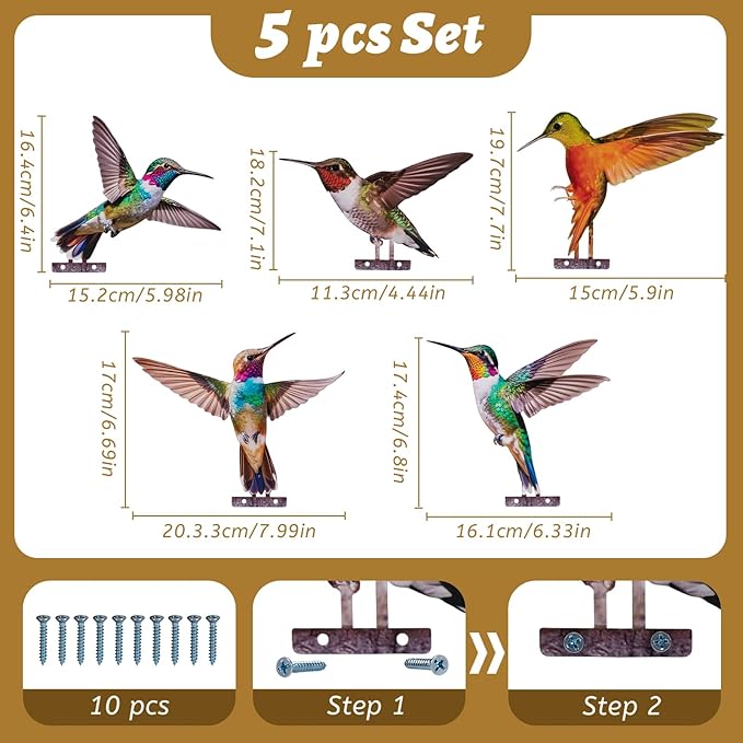 HUYIENO 5PCS Vibrant Metal Bird Decorations Colorful 2D Garden Fence Ornaments for Outdoor Patio & Bird Lovers Hummingbird