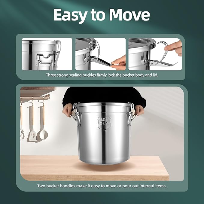 21L/5.55Gal Stainless Steel Airtight Canister Food Storage Canisters with Airtight Lid&Locking Clamp Rice Cereal Grain Canisters Container Bucket for Rice Milk Jug Coffee Bean Cookies Storage