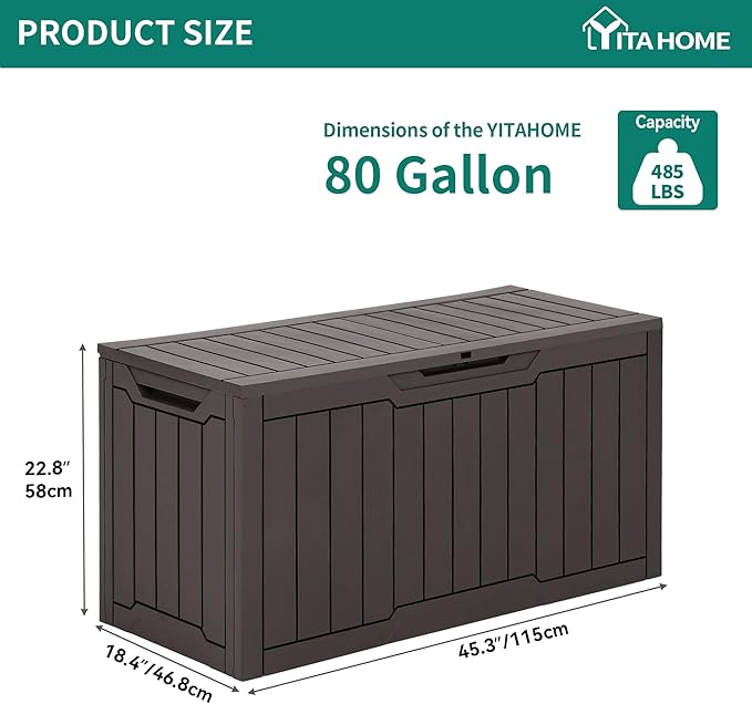 YITAHOME 80 Gallon Resin Deck Box, Weather Resistant Outdoor Storage Box, Lockable Indoor Outdoor Storage for Supplies and Essentials, Dark Brown