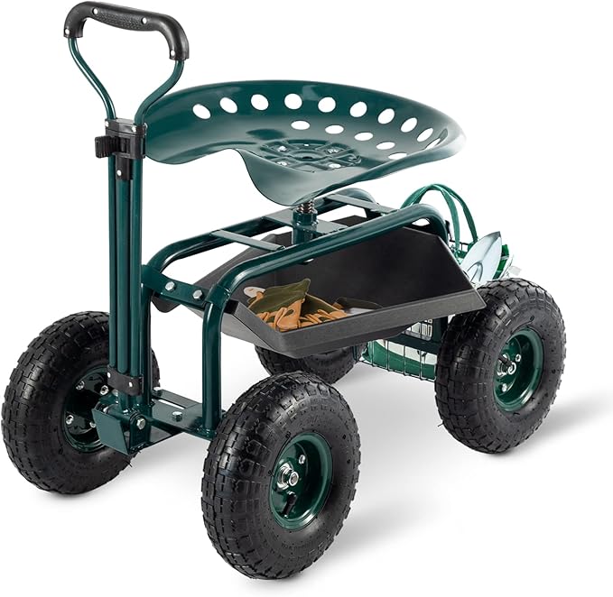 Garden Cart with Seat Outdoor Gardening Carts Heavy Duty Rolling Garden Stools Scooter with Handle and Storage for Seniors, Green