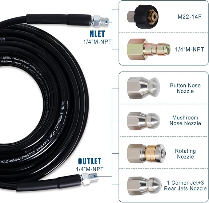 50FT Sewer Jetter Kit for Pressure Washer, 5800PSI Water Jet Durable Drain Cleaner Hose 1/4 Inch NPT Corner with 4 Specialized Nozzles,Waterproof Tape, Pearl Corsage Pin, Handle Strap & 2 Spanners