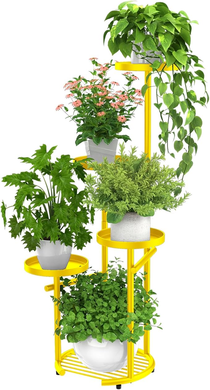 TOSKING 5 Tier Metal Plant Stand Indoor, Plant Shelf, Corner Shelf Flower Pot Stand for Outdoor Plant Stand for Living Room Balcony Garden Patio Bedroom (yellow, 38in)
