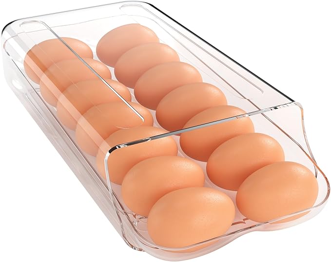 theaoo Egg Holder for Fridge, Automatic Rolling Egg Container for Refrigerator, Clear Plastic Egg Dispenser, Stackable Eggs Organizer with Quick Removable inner Tray For Organizers and Storage, 1Pack