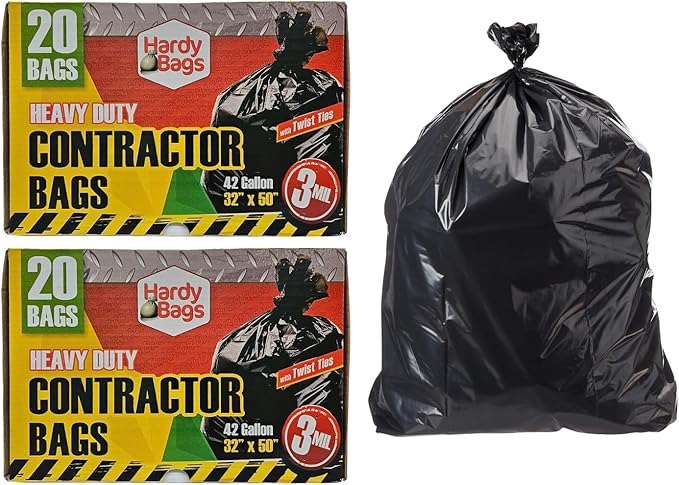 Hardy Bags Contractor Trash Bags – 42 Gallon Heavy-Duty, 3 Mil Thick, 20 Count Box, Extra Strong Construction, Tear & Puncture Resistant (Contractor, Pack of 2)