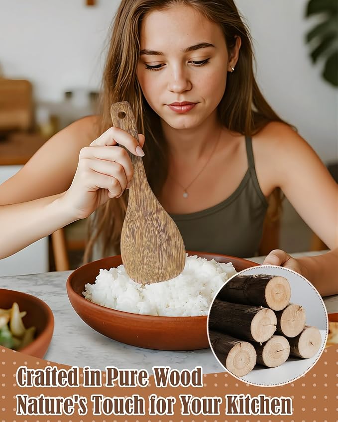 EORTA Set of 3 Wooden Rice Paddles, 8 Inch Rice Spoon Spatula & Scooper for Nonstick Cookware, Small Wooden Utensils for Kitchen Cooking, Slanted/Flat/Curved Food Spatula, 8.26 * 2.75inch