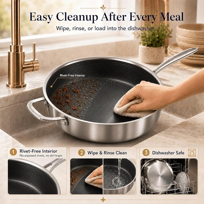 DELARLO Tri-Ply Stainless Steel 12 Inch Deep Frying Pan with lid,7QT Saute Pan Nonstick,Compatible with All Cooktops,Oven Up to 660℉,Chicken Fryer,Dishwasher-Friendly