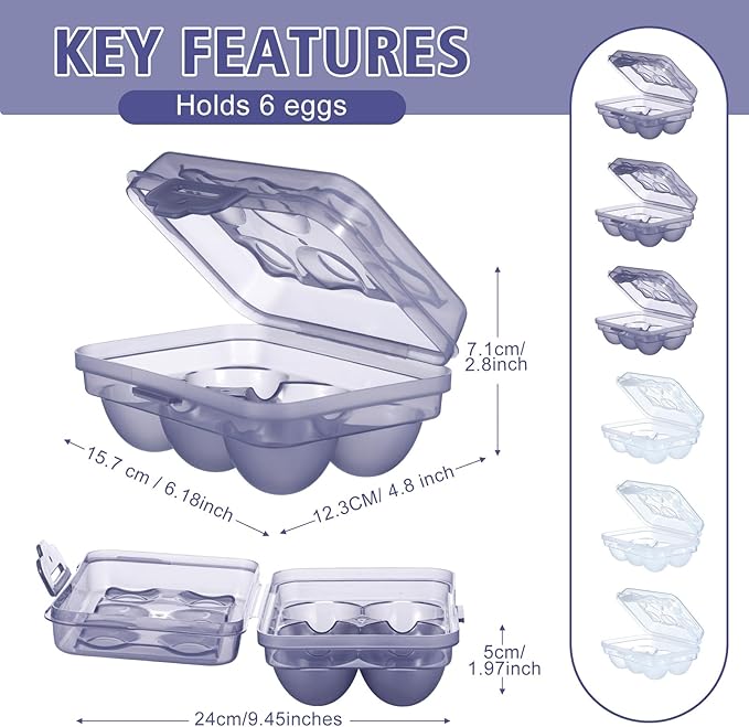 6 Pieces 6 Grid Egg Carton Camping Plastic Portable Egg Box Container for Refrigerator Storage Crisper Holder Carriage Tray(Blue&transparent)