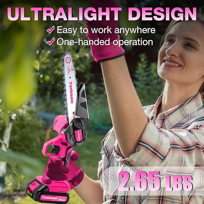 Pink Mini Chainsaw Cordless 6 inch - Electric Hand Held Chain Saw Battery Powered with Power Indicator - Rechargeable Portable Small Chainsaw for Women, Yard Tools Gifts for Gardeners Woman