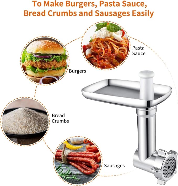 100% Stainless Steel Meat Grinder for KitchenAid Mixer, Dishwasher Safe | Includes 3 Sausage Stuffer Tubes & 4 Grinding Plates, Anti-Corrosion Polished Design(Not include the KitchenAid Mixer)